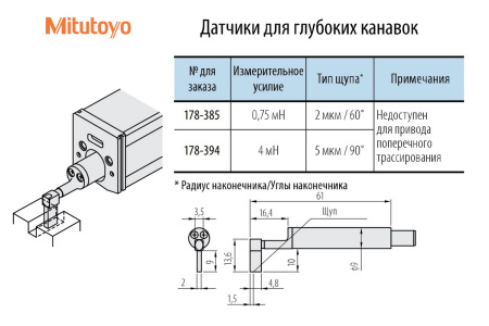 Щуп для глубоких канавок и пазов для профилометров SJ-210 / SJ-310 / SJ-220 - Mitutoyo 178-385 (2µm; 0,75mN) - 04 - Схема датчика, размеры, параметры