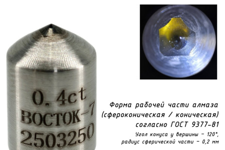 Наконечник алмазный НК 1 0,4 карата к твердомерам Роквелл и Супер-Роквелл - форма рабочей части индентора