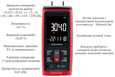 Манометр давления газа, жидкости и пара цифровой дифференциальный кПа В7-5101 ±40